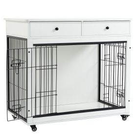 Dog Crate Furniture, Wooden Dog Crate End Table, 38.4 Inch Dog Kennel with 2 Drawers Storage, Heavy Duty Dog Crate (Color: as Pic)